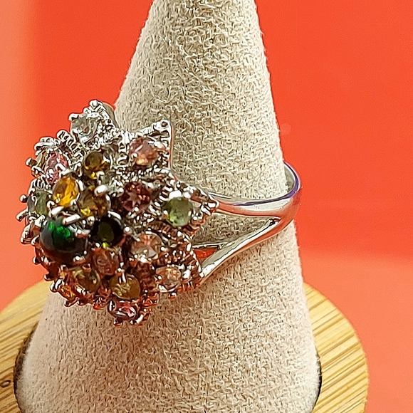 Natural Fire Opal & Tourmaline 925 Sterling Silver Ring Sz 7.5 - Picture 4 of 14
